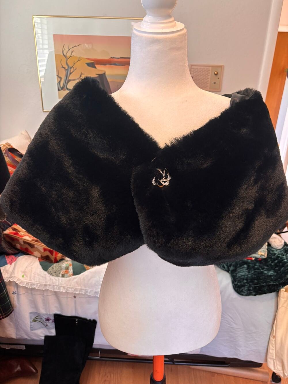 Christian Lacroix Black Faux Fur Stole Rhinestone Brooch Evening Wrap OS